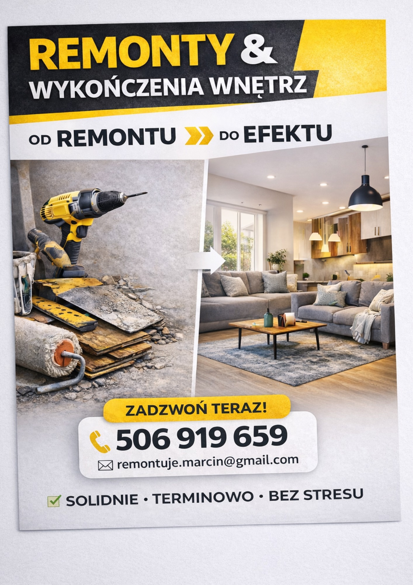 Grafika reklamowa: metamorfoza wnętrza od stanu surowego z narzędziami do wykończonego salonu. Hasło: 'Od remontu do efektu'. Kontakt: 506 919 659.