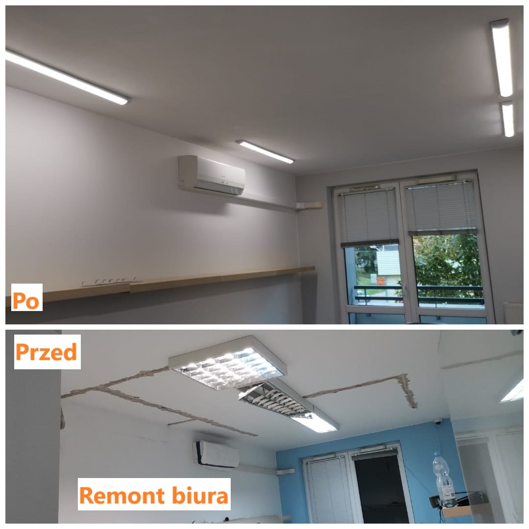 Remont biura: ujęcie 'przed' z widocznymi kablami i 'po' z nowym oświetleniem, klimatyzacją i świeżo pomalowanymi ścianami. Widok na okno.