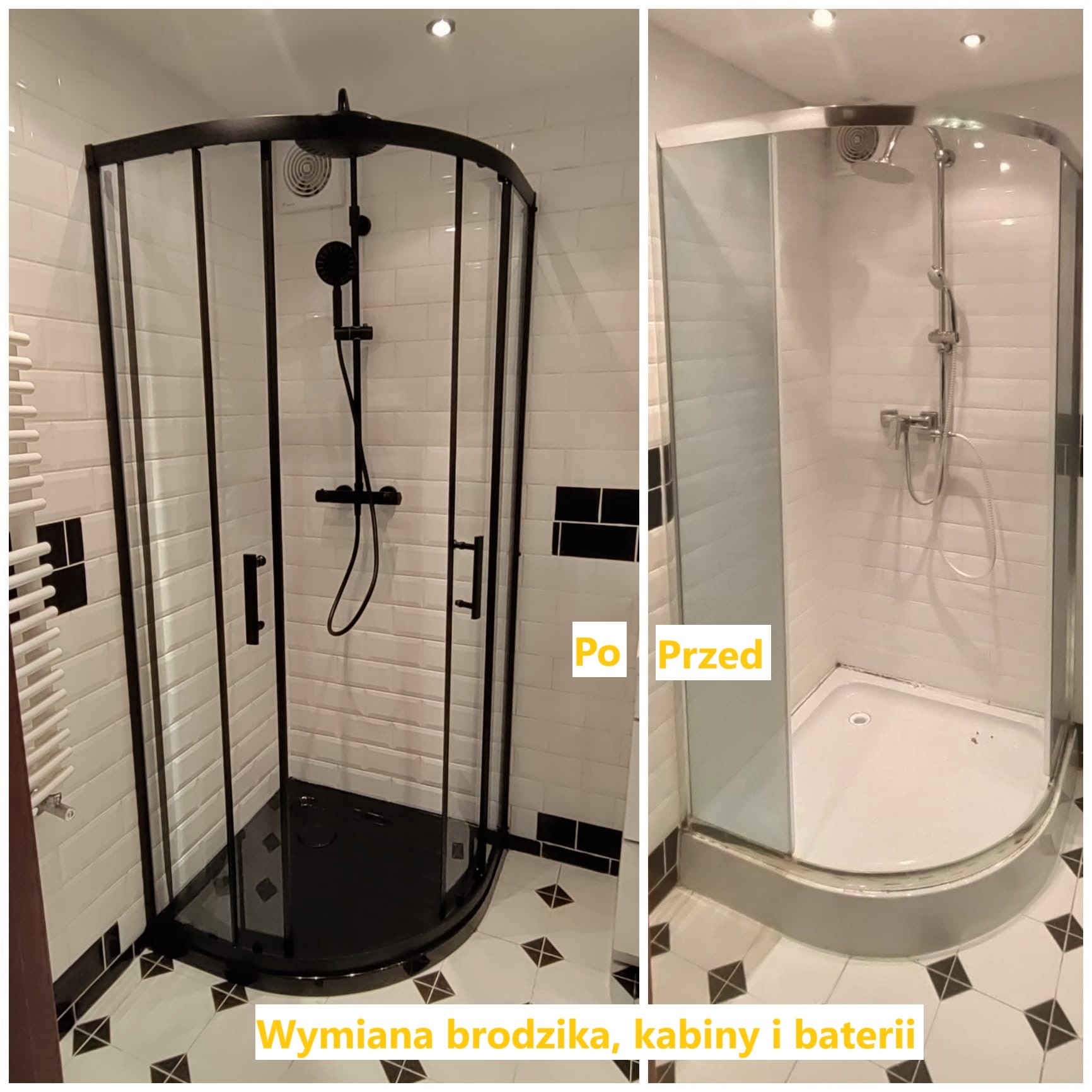 Zdjęcie 'przed i po' prezentujące wymianę kabiny prysznicowej. Po lewej nowa, czarna kabina z brodzikiem, po prawej stara, biała. Widoczne białe płytki i wzorzysta podłoga.
