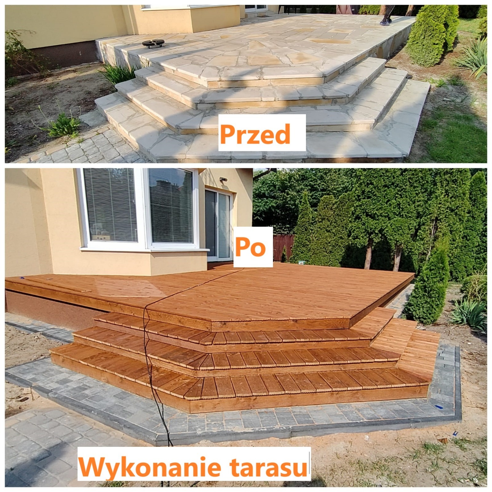 Taras drewniany: metamorfoza przestrzeni zewnętrznej. Zdjęcie 'przed i po' ukazuje kamienny taras zamieniony w nowoczesny, drewniany taras z schodami.