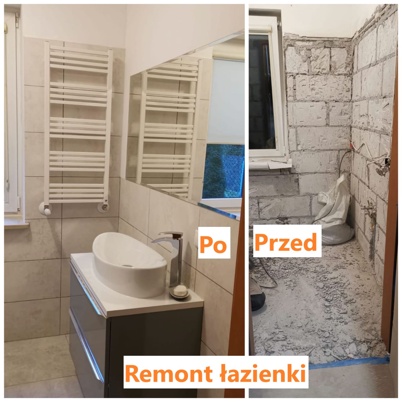 Remont łazienki: porównanie stanu 'przed' - surowe ściany z cegły, i 'po' - nowoczesna umywalka z szafką, grzejnik drabinkowy, lustro i płytki.