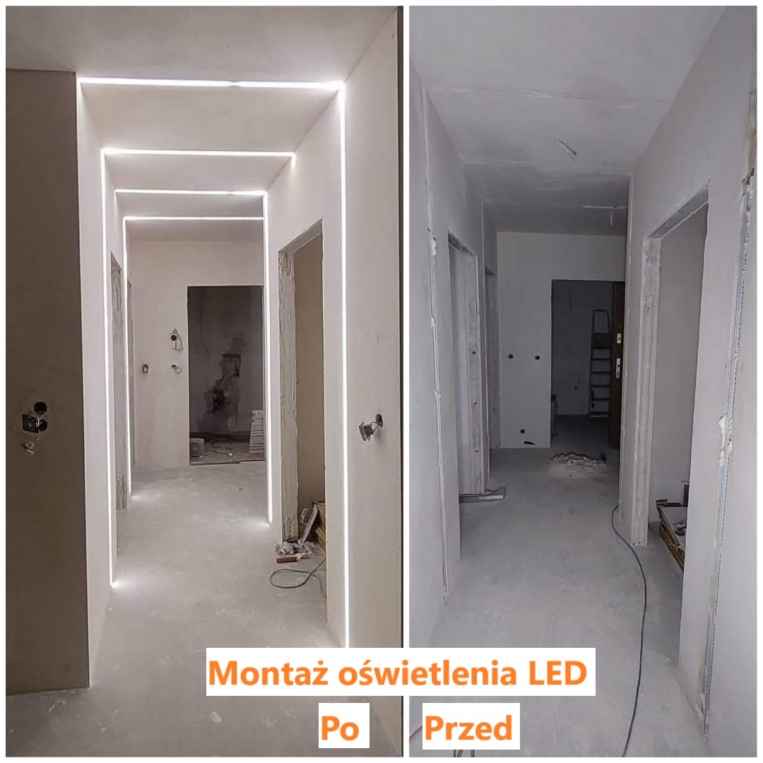 Korytarz po i przed montażem oświetlenia LED w listwach przypodłogowych i sufitowych. Widoczne kable i niedokończone ściany. Ujęcie typu 'przed i po'.