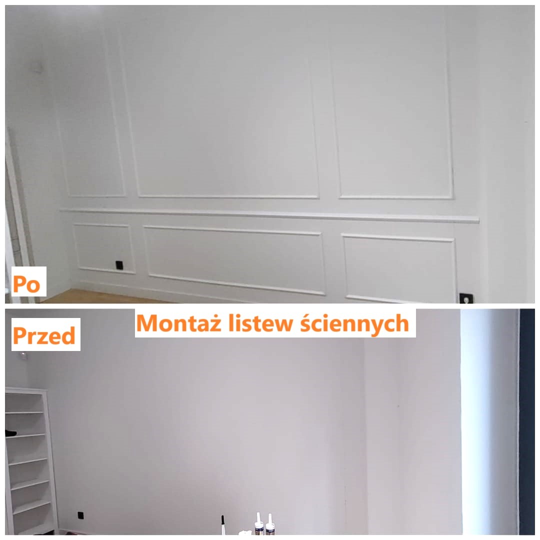 Montaż listew ściennych: widok 'przed' - pusta ściana, 'po' - ściana z dekoracyjnymi listwami w białym kolorze. Układ pionowy, ujęcie z perspektywy wnętrza.