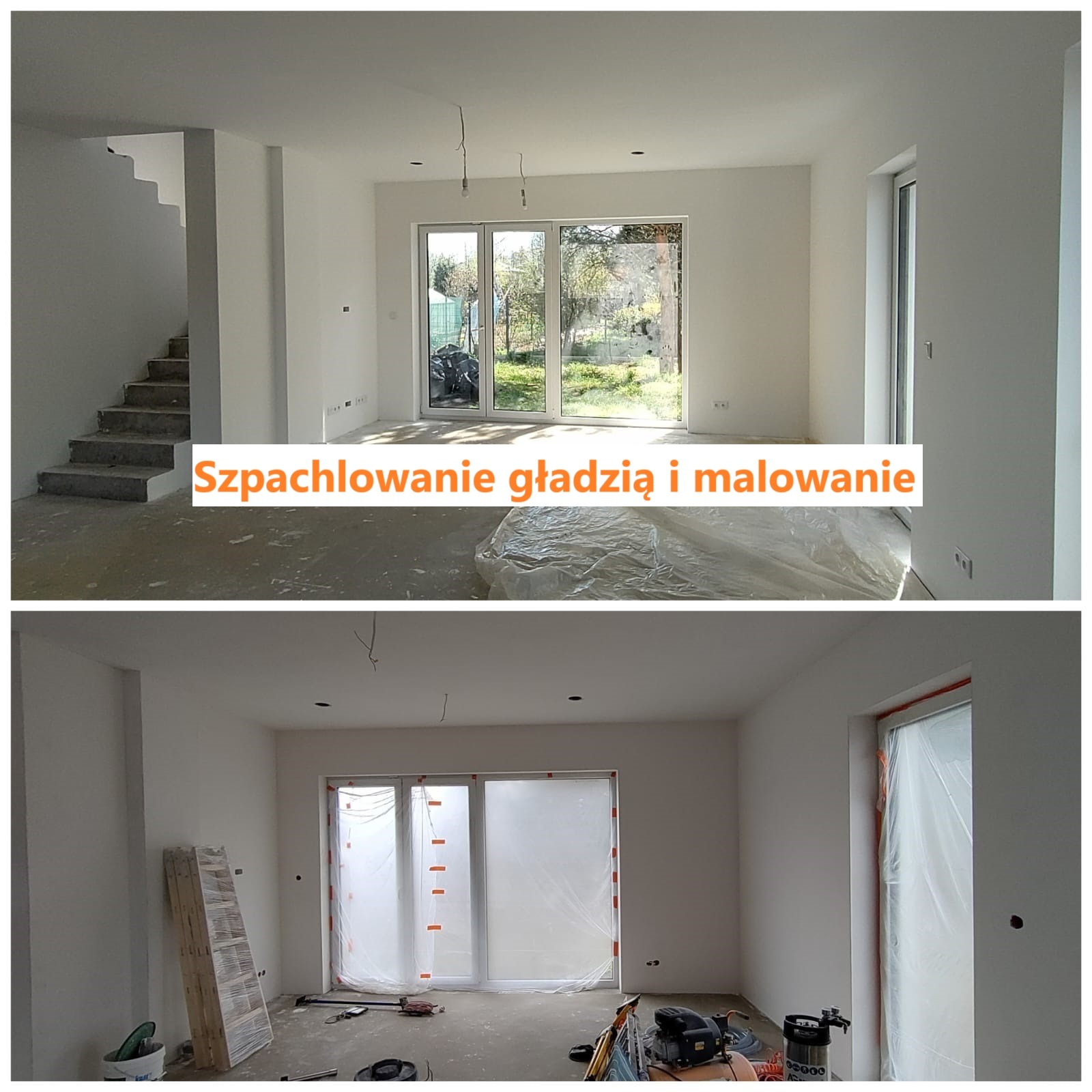 Dwuczęściowe ujęcie wnętrza: górna część pokazuje pokój po szpachlowaniu i malowaniu, dolna - pokój w trakcie prac, z narzędziami i zabezpieczeniami okien.