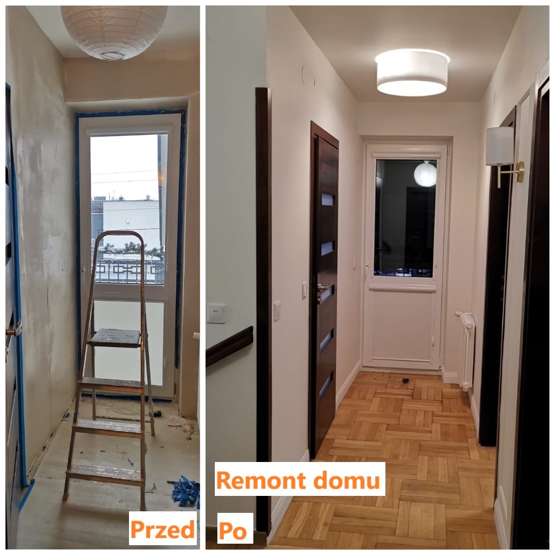 Korytarz po remoncie: parkiet w jodełkę, białe ściany, nowe drzwi i oświetlenie. Po lewej stan przed: drabina, surowe ściany, okno zabezpieczone folią.