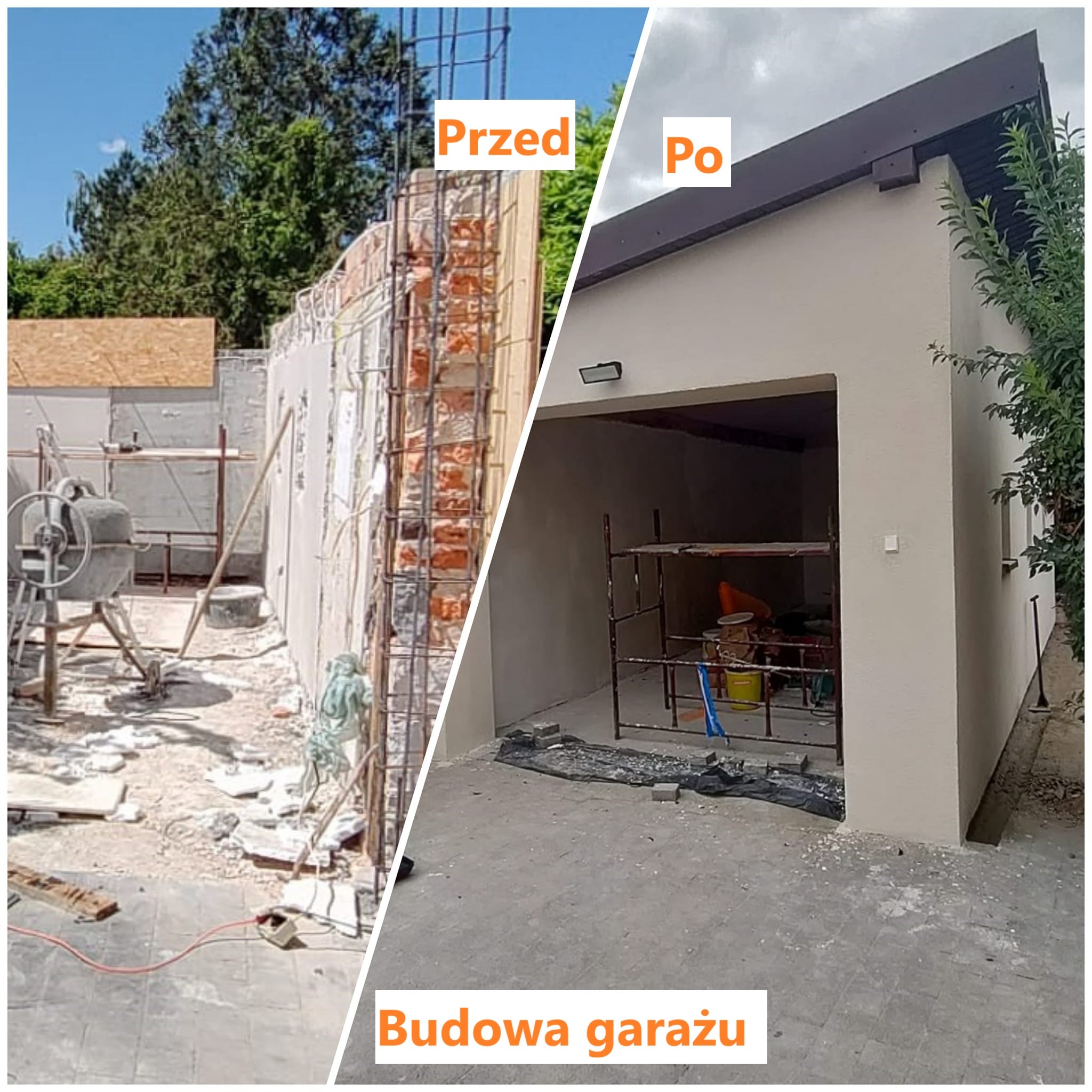 Budowa garażu: porównanie stanu surowego z betonową mieszarką i zbrojeniami ze stanem wykończonym, otynkowanym, z zamontowanym oświetleniem zewnętrznym.
