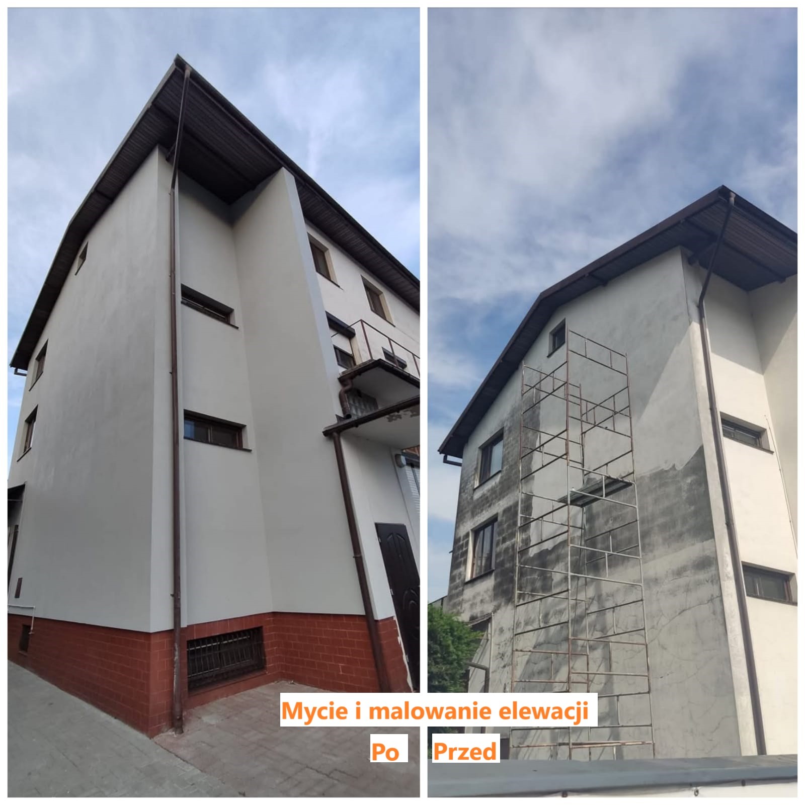 Elewacja budynku po myciu i malowaniu, zestawienie 'przed' i 'po'. Widoczne rusztowania i odświeżona, jasna kolorystyka. Ujęcie z dołu, podkreślające metamorfozę.
