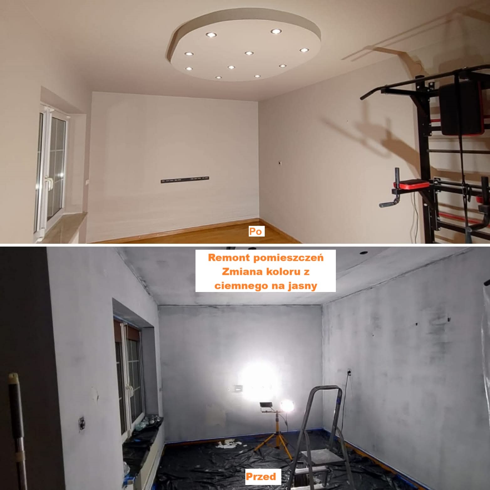 Zmiana koloru ścian: widok 'przed' z drabiną i lampą, oraz 'po' z jasnymi ścianami, oświetleniem sufitowym i drabinką do ćwiczeń. Remont pokoju.