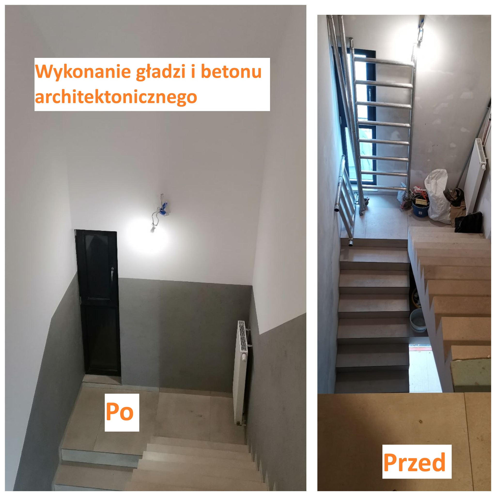 Schody przed i po wykonaniu gładzi oraz betonu architektonicznego. Po lewej efekt końcowy z szarą ścianą, po prawej stan surowy z rusztowaniem.