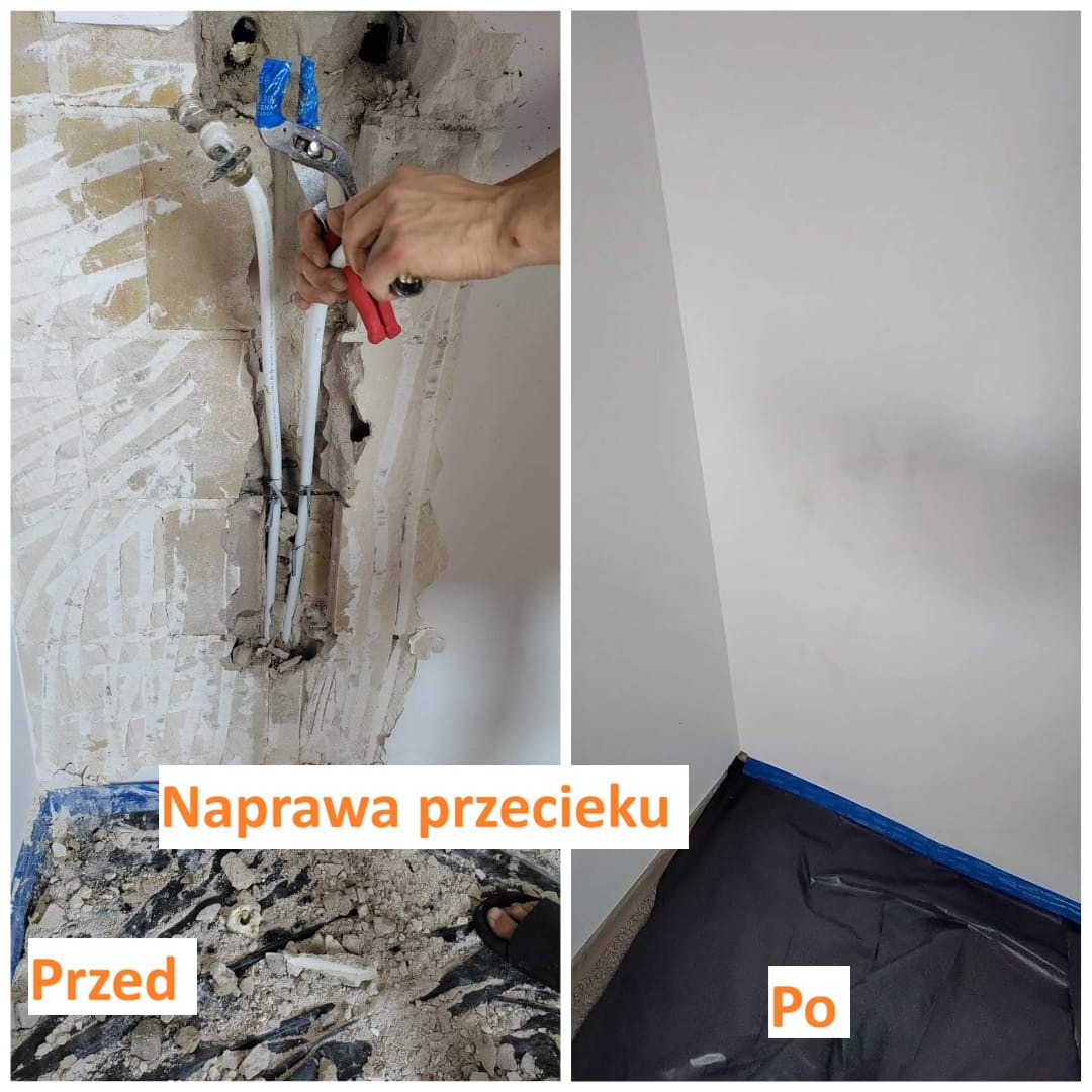 Zdjęcie 'przed i po' naprawy przecieku: zniszczona ściana z rurami w trakcie naprawy kontra gładka, pomalowana ściana z zabezpieczoną podłogą.