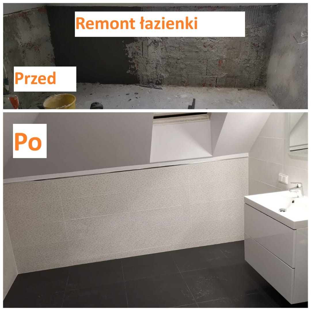 Remont łazienki: ujęcie 'przed' z surowymi ścianami i 'po' z wykończonym wnętrzem, białą umywalką i ciemną podłogą. Widoczny skos dachu.