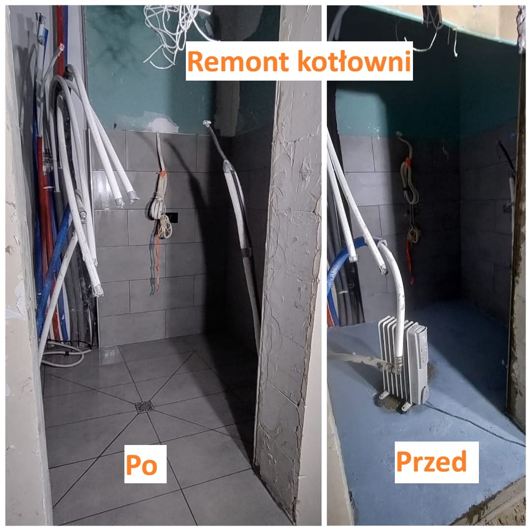 Remont kotłowni: porównanie stanu przed i po. Po remoncie widoczne szare płytki na ścianach i podłodze, nowe rury. Przed remontem: gołe ściany, niebieska podłoga, grzejnik.