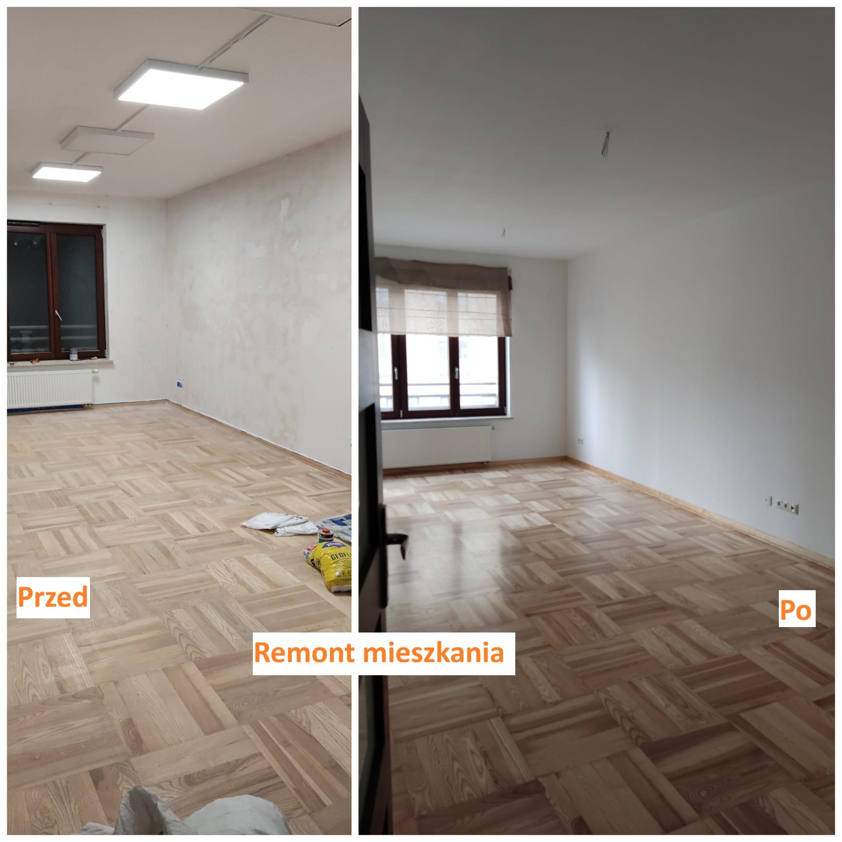 Zdjęcie 'przed i po' remontu mieszkania: odświeżone parkiety i pomalowane ściany. Widoczne detale wykończenia, okno z roletą i nowoczesne oświetlenie sufitowe.