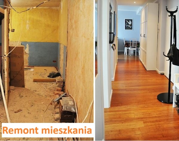 Remont mieszkania: po lewej stan surowy z odsłoniętymi ścianami, po prawej wykończony korytarz z drewnianą podłogą i białymi meblami. Ujęcie typu 'przed i po'.