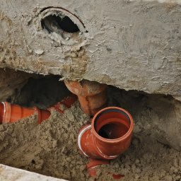 Artem Bielikov - Pomarańczowe rury kanalizacyjne ułożone w wykopie z piasku, widoczne otwory w ścianie. Instalacja w trakcie prac, surowe wykończenie.