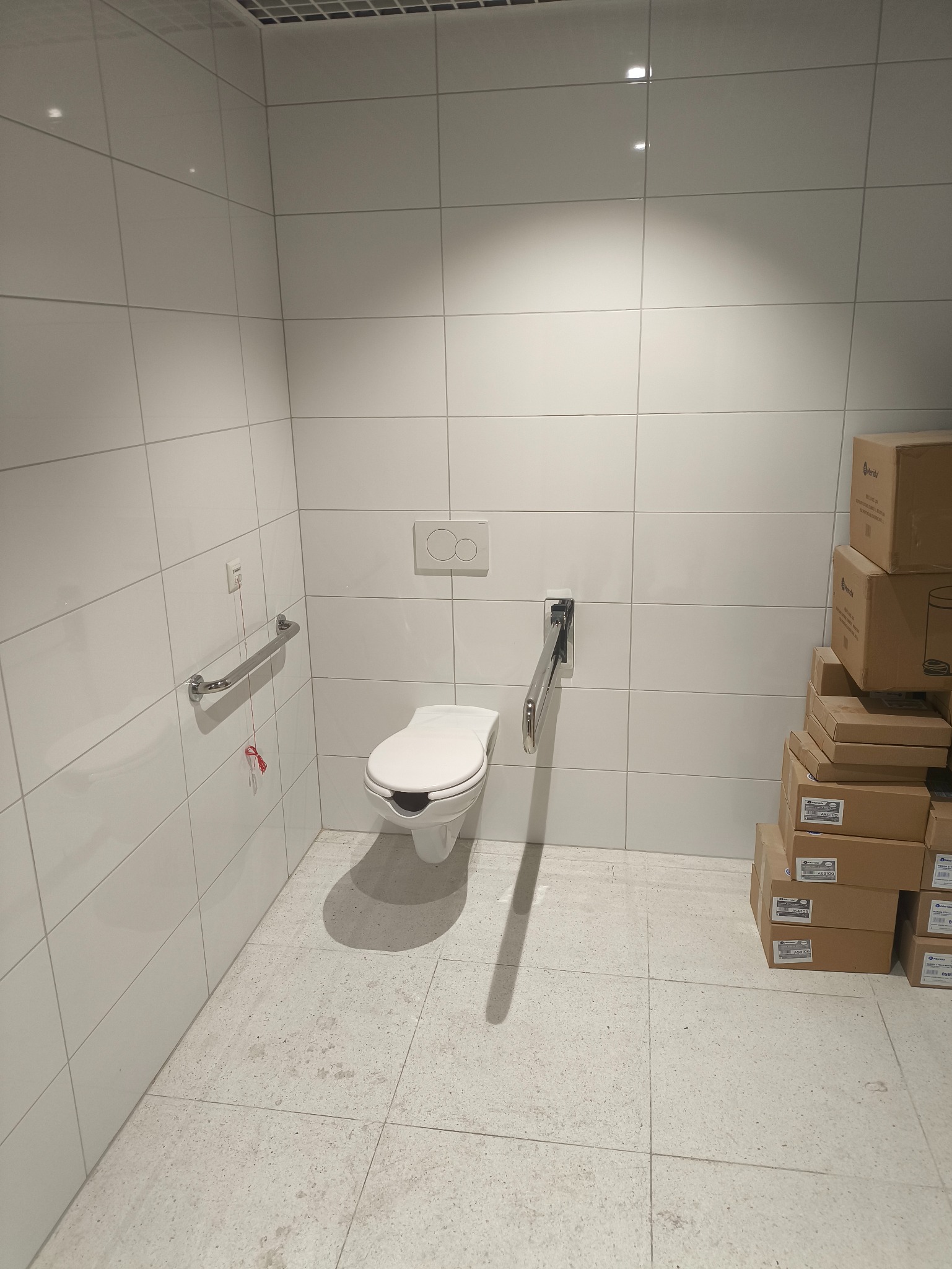 Biała toaleta podwieszana z uchwytami dla niepełnosprawnych w wykafelkowanej łazience. Obok stos kartonów z armaturą. Widok z przodu, neutralne oświetlenie.