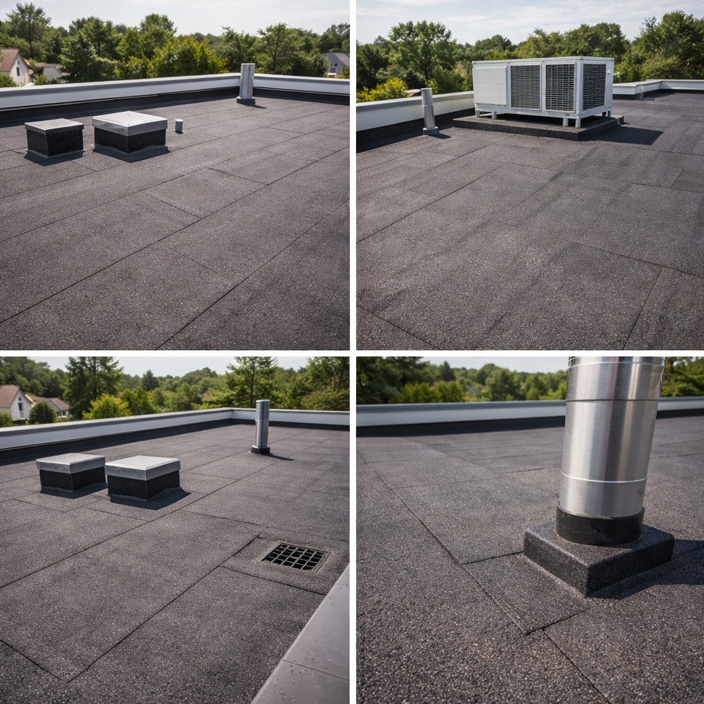 Cztery kadry dachu płaskiego pokrytego papą, z kominami wentylacyjnymi, kratką odpływową i klimatyzatorem. Widok na zieleń w tle.