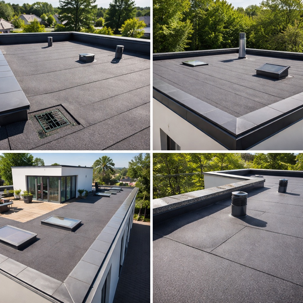 Cztery ujęcia płaskiego dachu nowoczesnego domu z lukarnami i kominem, pokrytego ciemną papą z obróbkami blacharskimi w kolorze grafitowym. Widok z różnych perspektyw.
