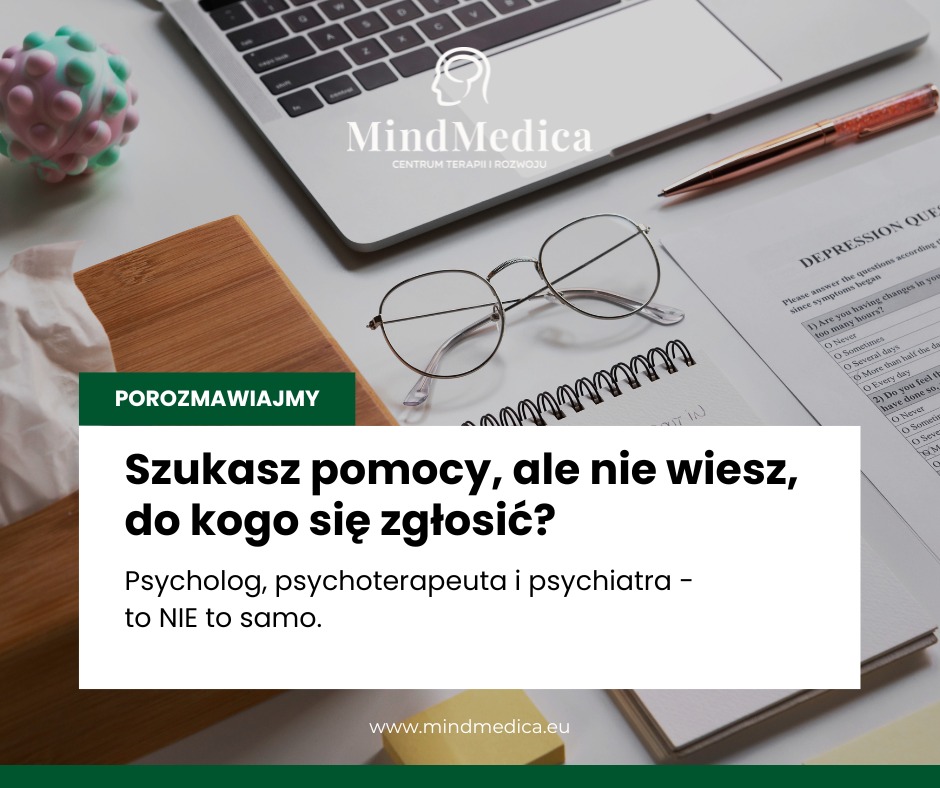 Biuro MindMedica z laptopem, długopisem, okularami i kwestionariuszem depresji. Tekst: Szukasz pomocy? Psycholog, psychoterapeuta i psychiatra - to NIE to samo.