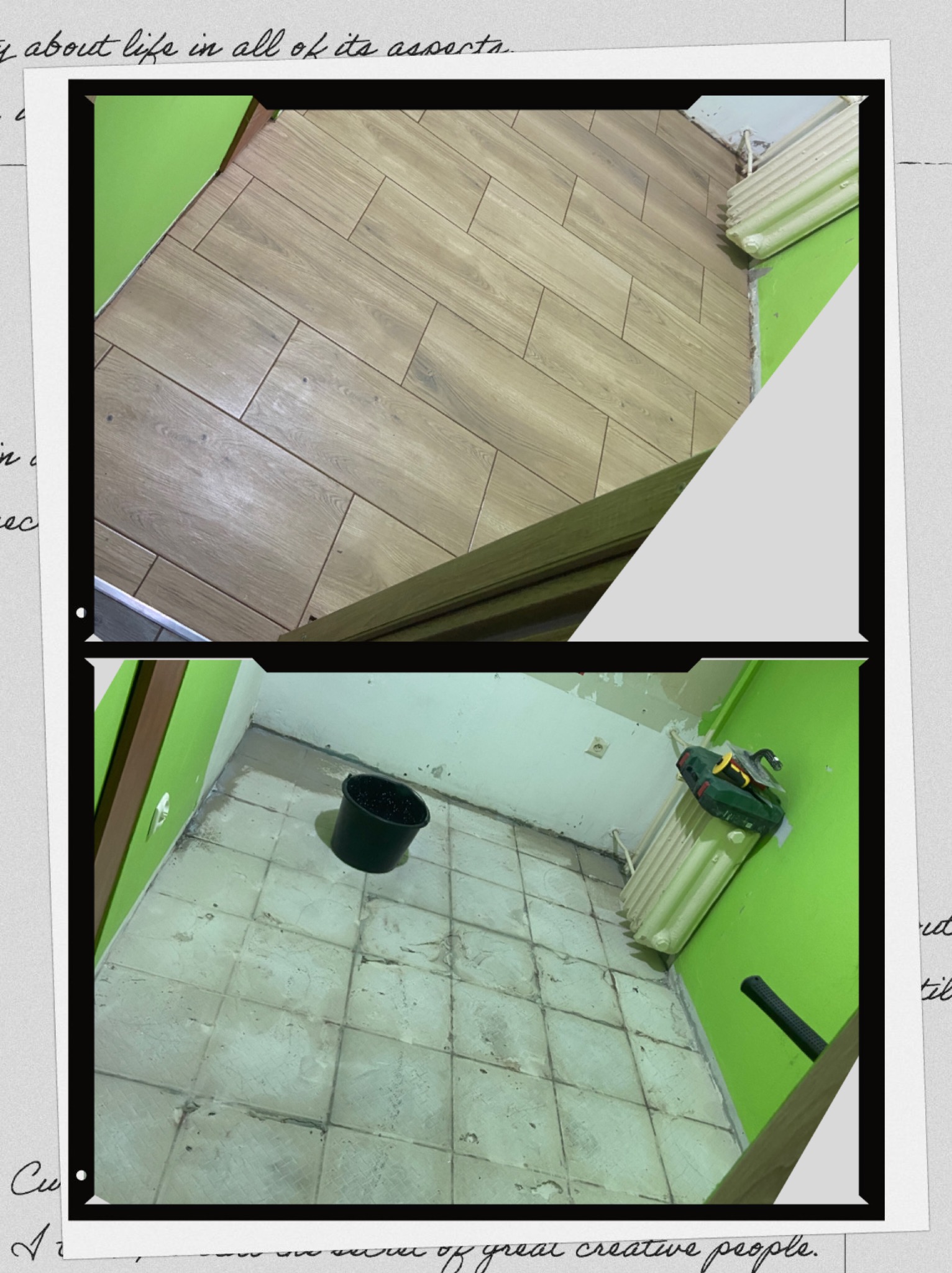 Zdjęcie 'przed i po' prezentujące ułożone panele podłogowe w jodełkę, z zielonymi ścianami i grzejnikiem. Na dolnym zdjęciu widoczny stan surowy z narzędziami.