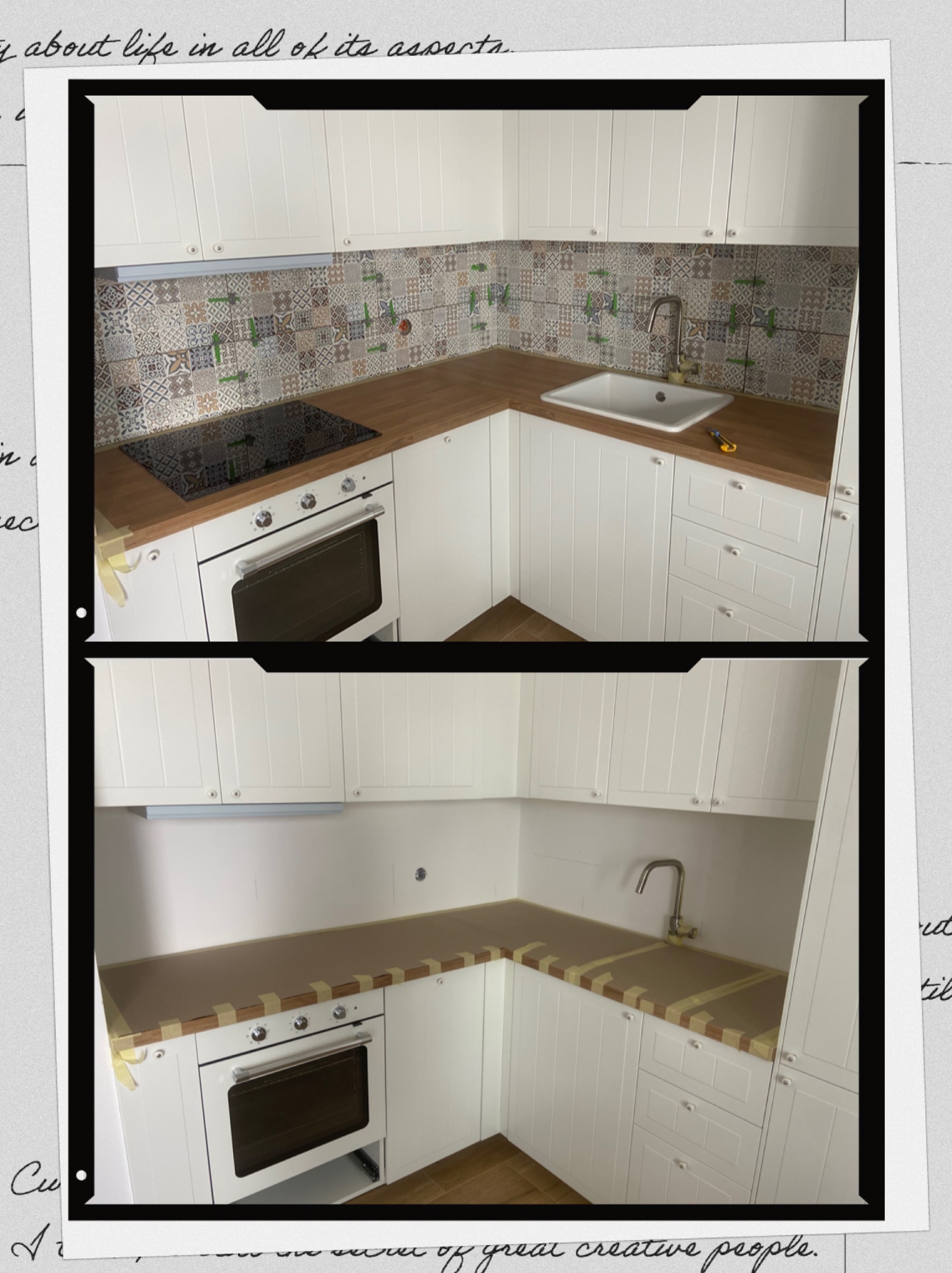 Kuchnia przed i po remoncie: górne ujęcie prezentuje wykończoną kuchnię z płytkami i sprzętem, dolne pokazuje przygotowanie blatu do prac wykończeniowych.