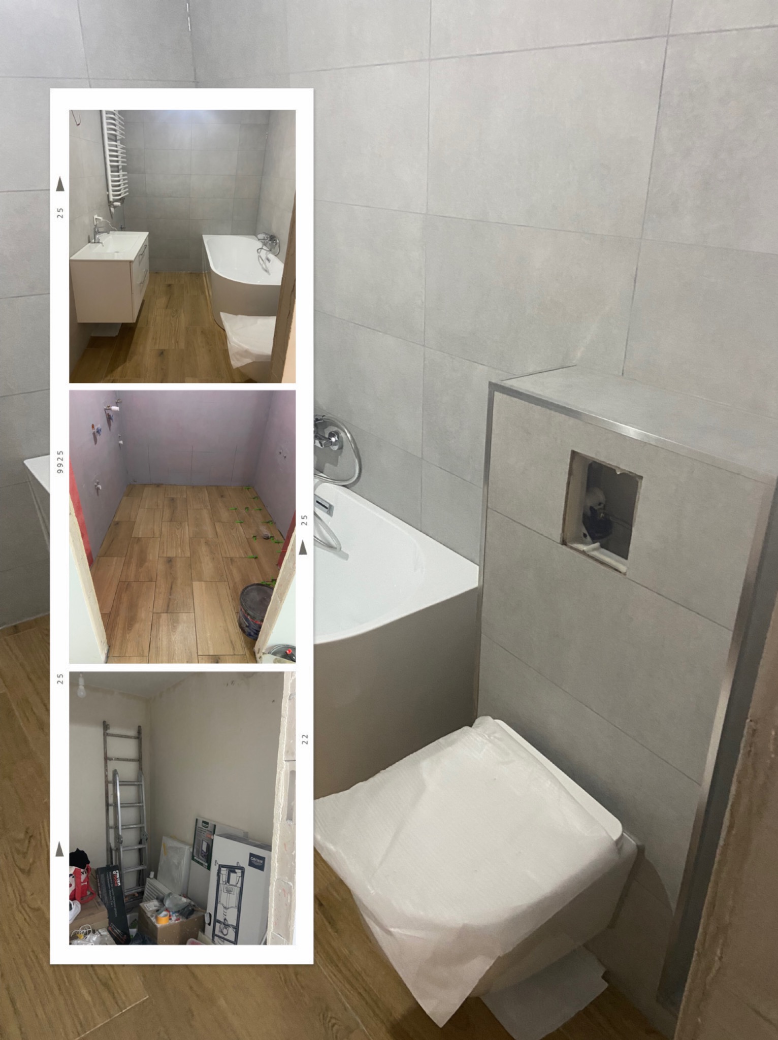 Kolaż z remontu łazienki: widok ogólny, ułożona podłoga z płytek imitujących drewno, oraz stan przed wykończeniem z drabiną i materiałami budowlanymi.