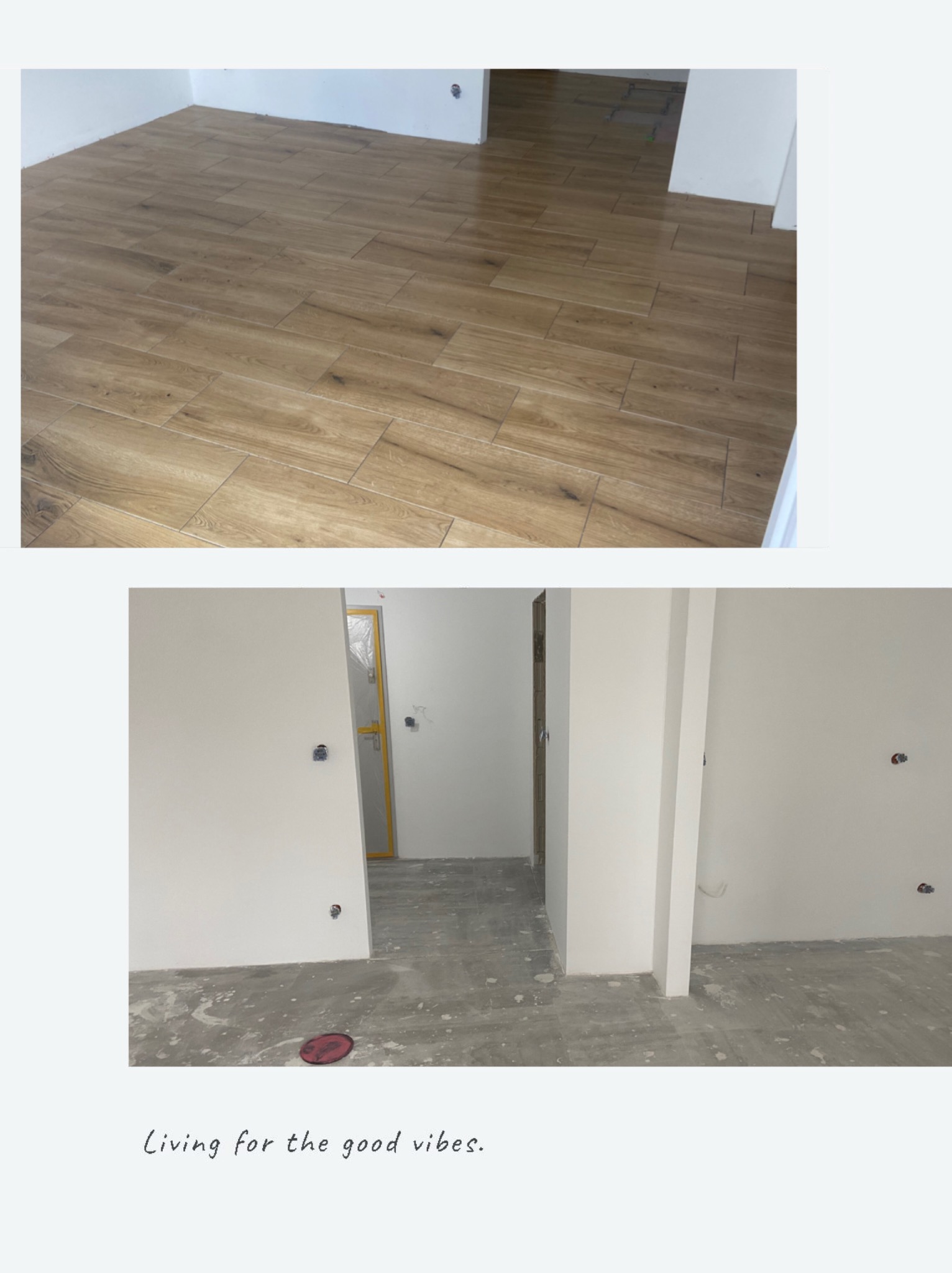 Ułożona podłoga z płytek imitujących drewno w jasnym pomieszczeniu. W tle widoczne surowe ściany i podłoga w innym pokoju, przygotowane do dalszych prac.