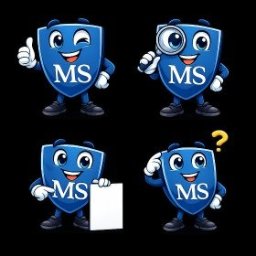 KKPMS - KANCELARIA PRAWNA MS SPÓŁKA Z OGRANICZONĄ ODPOWIEDZIALNOŚCIĄ - Cztery animowane tarcze MS w różnych pozach: kciuk w górę, lupa, trzymanie kartki, znak zapytania. Maskotka firmy w kolorze niebieskim na czarnym tle.