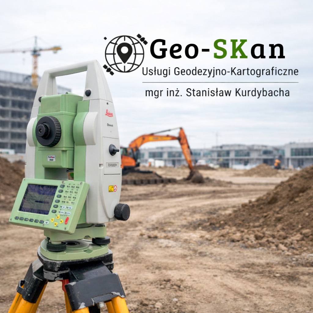 Profesjonalny niwelator na budowie z koparką w tle, używany do precyzyjnych pomiarów geodezyjnych. Sprzęt marki Leica. Usługi Geo-SKan.