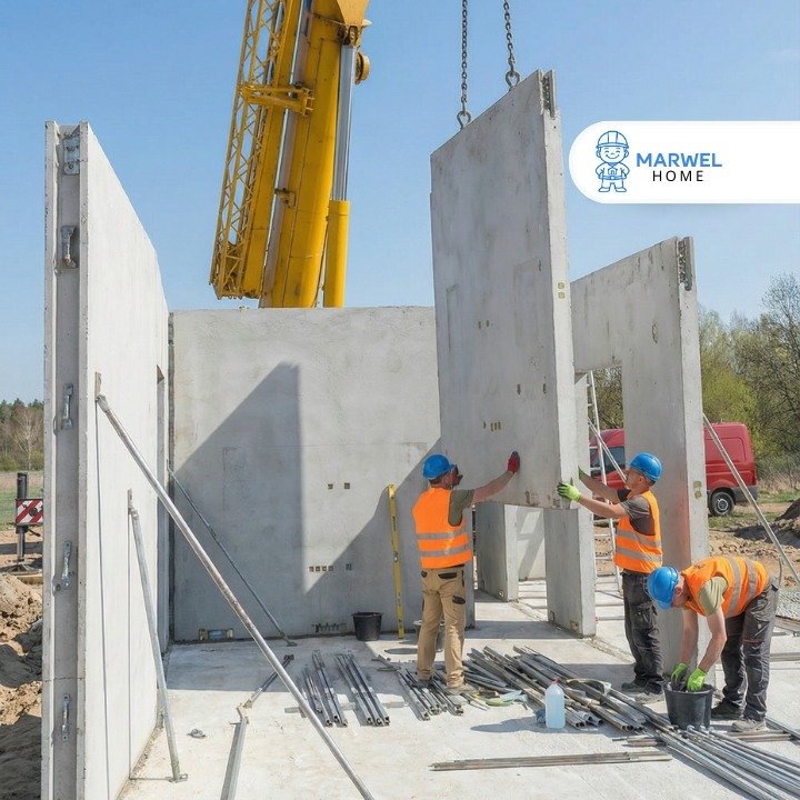 Montaż prefabrykowanych ścian betonowych na budowie domu. Żuraw podnosi element, robotnicy w kaskach i kamizelkach odblaskowych. Widoczne zbrojenia i narzędzia.