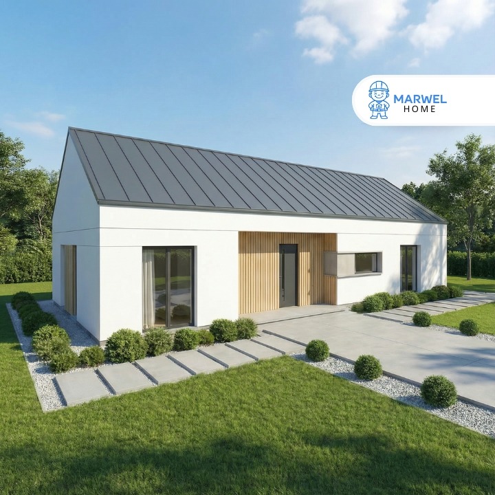 Parterowy dom z szarą, metalową dachówką i jasną elewacją, z elementami drewnianymi. Widoczne okna, drzwi i zadbany trawnik z ozdobnymi krzewami. Słoneczny dzień.