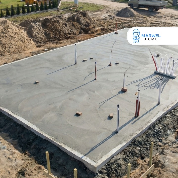 Wylana płyta fundamentowa z wystającymi instalacjami, widok z góry. Na drugim planie hałda piachu i zaparkowany samochód dostawczy.