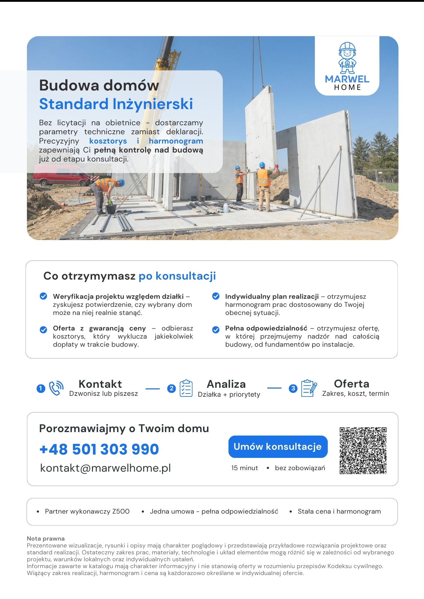 Montaż prefabrykowanych ścian na budowie domu modułowego. Dwóch pracowników w kaskach i kamizelkach. Żuraw podnosi element ściany. Błękitne niebo w tle.