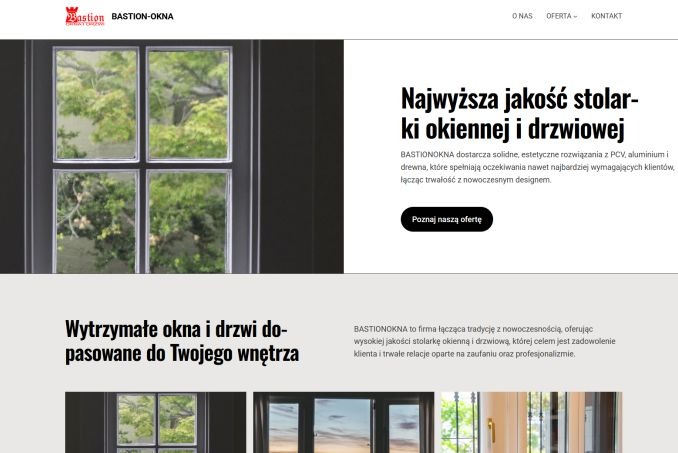 Strona internetowa firmy produkującej stolarkę okienną i drzwiową. Widoczne okno z widokiem na zieleń i hasła reklamowe. Minimalistyczny design, stonowana kolorystyka.