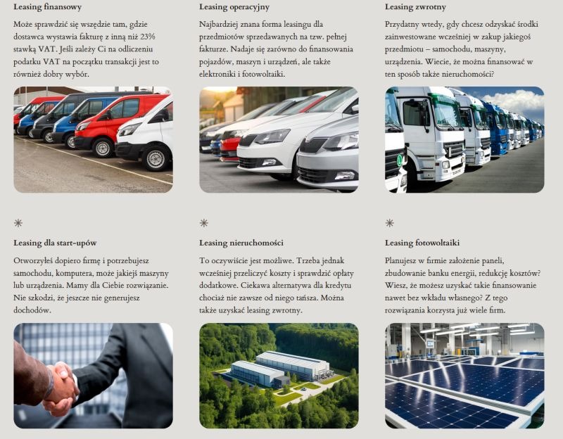 Kolaż z sześcioma zdjęciami dotyczącymi leasingu: samochodów, ciężarówek, nieruchomości, paneli fotowoltaicznych i uścisku dłoni. Tekst informacyjny obok każdego zdjęcia.