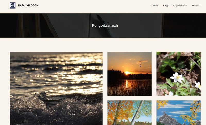 Strona internetowa artysty z galerią zdjęć i obrazów: morze o zachodzie, jezioro, kwiaty z owadem, jesienne drzewa i górski pejzaż. Minimalistyczny design, nazwa autora w lewym górnym rogu.