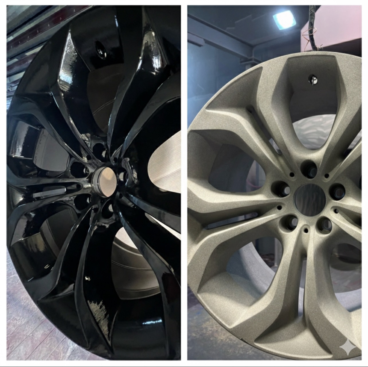 Felga samochodowa po lewej w czarnym połysku, po prawej szara, matowa, ukazana w zbliżeniu. Prezentacja efektu malowania proszkowego.