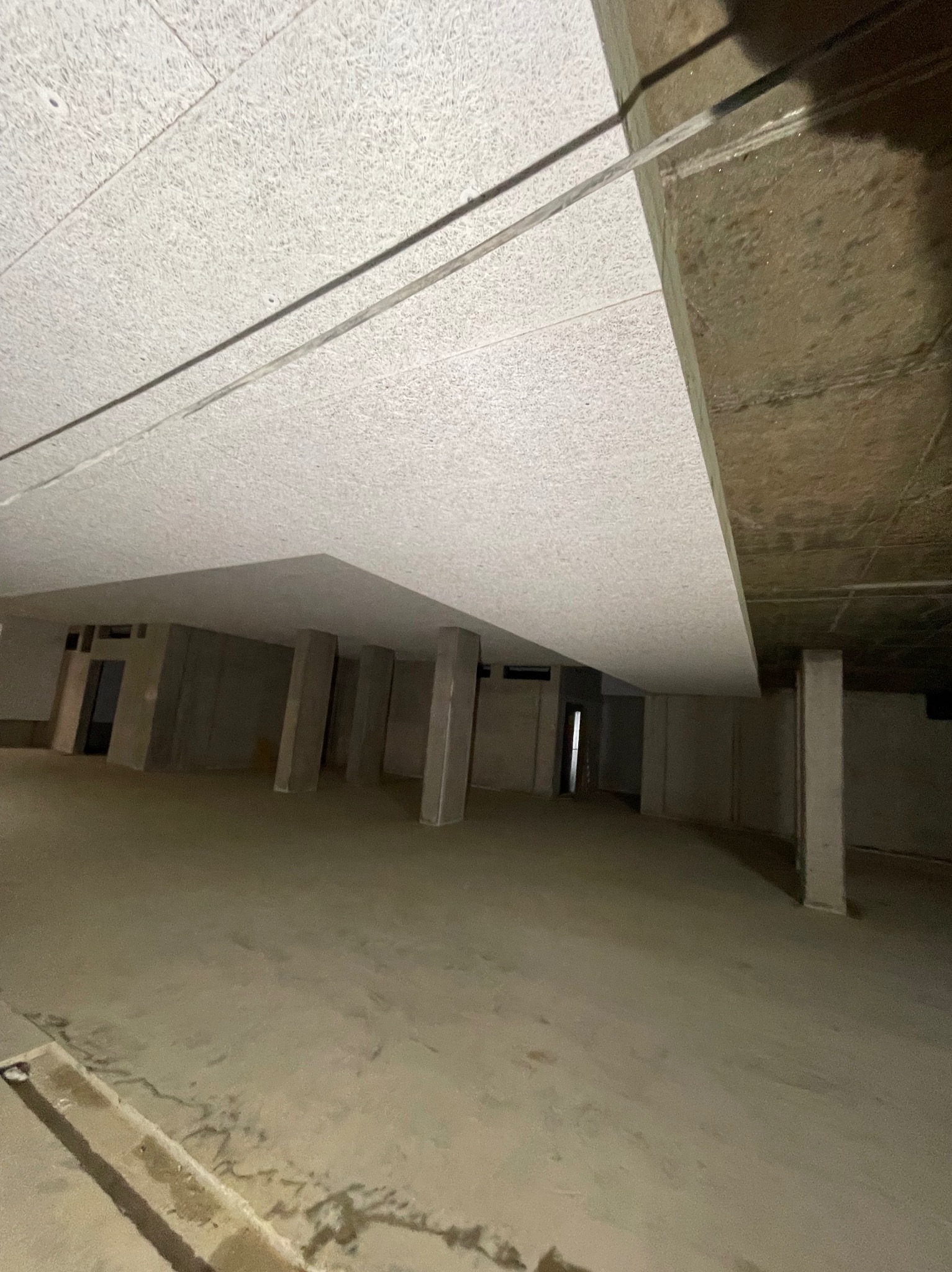 Sufit podwieszany z płyt akustycznych w surowym wnętrzu z betonowymi kolumnami. Widok z dołu, surowe wykończenie podłoża.