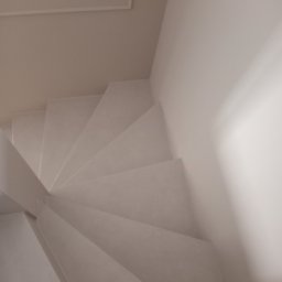 DZDekor - Minimalistyczne, białe schody z gładką powierzchnią, widziane z góry, z subtelnym oświetleniem i prostą listwą sufitową w tle. Nowoczesne wykończenie.