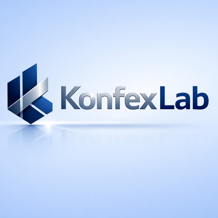 Eleganckie logo 'KonfexLab' w odcieniach szarości i błękitu, z geometrycznym symbolem po lewej stronie, odbijające się subtelnie na gładkim, jasnym tle.