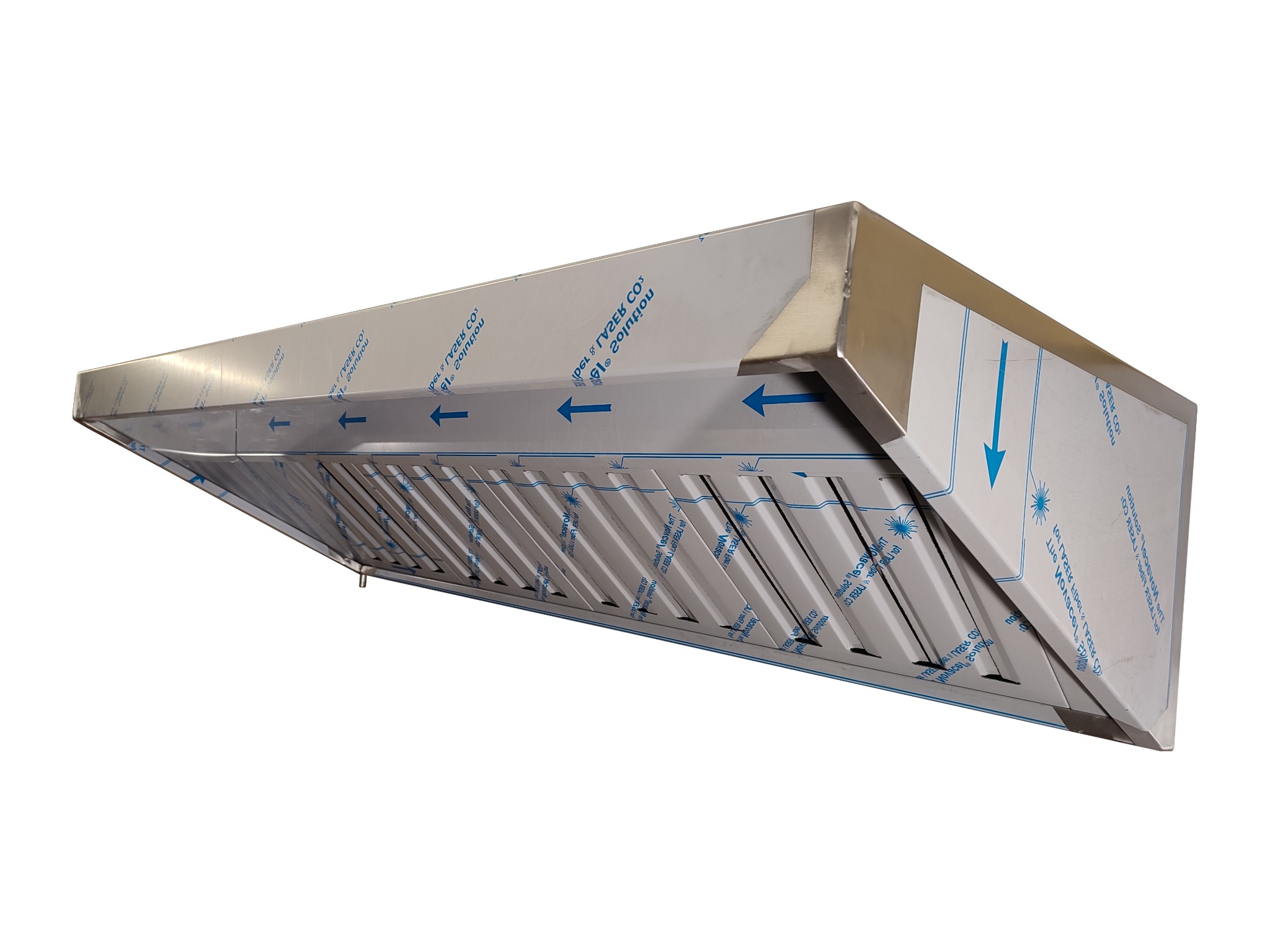 Profesjonalny okap kuchenny ze stali nierdzewnej, z widocznymi elementami konstrukcyjnymi i folią ochronną. Nowoczesny design, oświetlenie wewnętrzne.