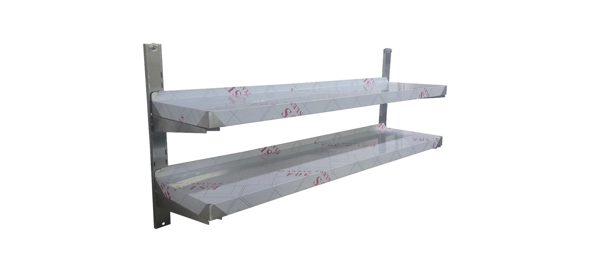 Dwu-poziomowa, metalowa półka kuchenna ze stali nierdzewnej, zamontowana na ścianie. Widoczne mocowania i detale wykończenia. Półki z folią ochronną.