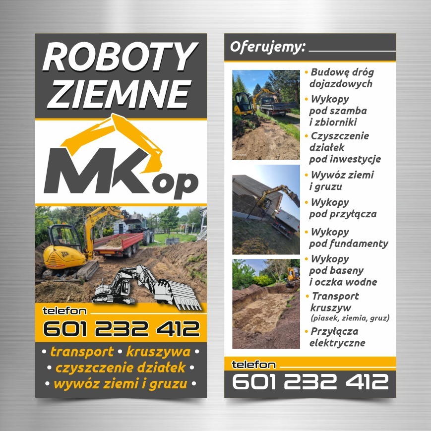 Baner reklamowy firmy MKop oferującej roboty ziemne: wykopy, transport kruszyw, czyszczenie działek, budowę dróg dojazdowych, wykopy pod szamba i fundamenty. Telefon 601 232 412.