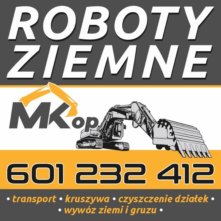 Grafika reklamowa: Roboty ziemne, koparka, numer telefonu i usługi transportu, kruszywa, czyszczenia działek oraz wywozu ziemi i gruzu. Logo MKop.