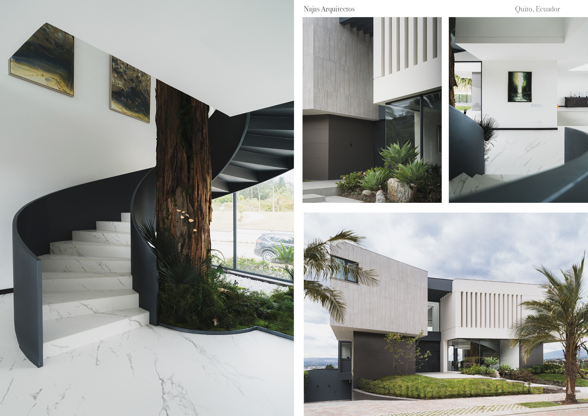 Nowoczesne wnętrze domu z spiralnymi schodami, marmurową podłogą i drzewem wkomponowanym w przestrzeń. Widok na zewnątrz przez duże okno. Minimalistyczny design.