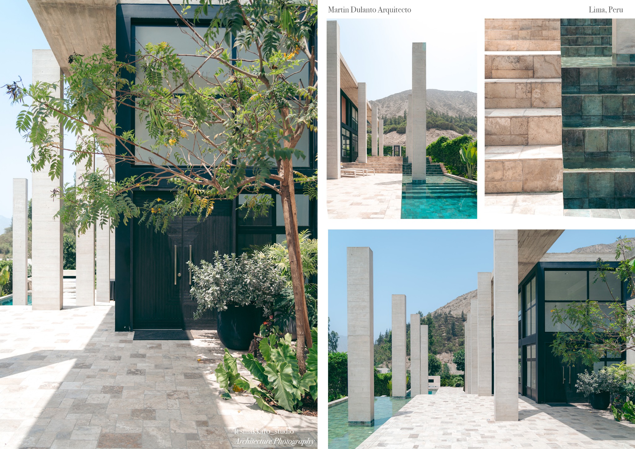 Nowoczesny dom z basenem w Peru, z minimalistyczną architekturą i dużymi oknami, otoczony zielenią. Ujęcie z zewnątrz, prezentujące detale wykończenia i otoczenia.