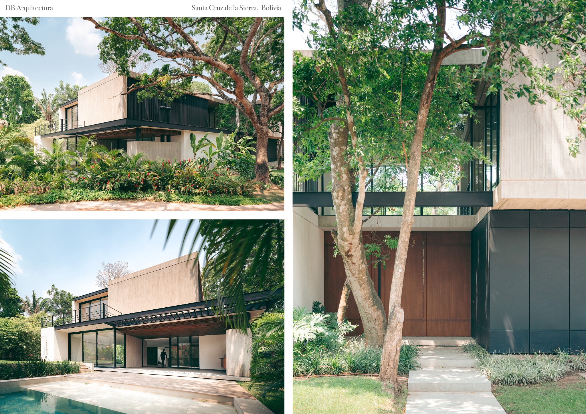 Nowoczesny dom z betonu i drewna w Santa Cruz de la Sierra, Boliwia, otoczony bujną roślinnością tropikalną. Minimalistyczna architektura w harmonii z naturą.