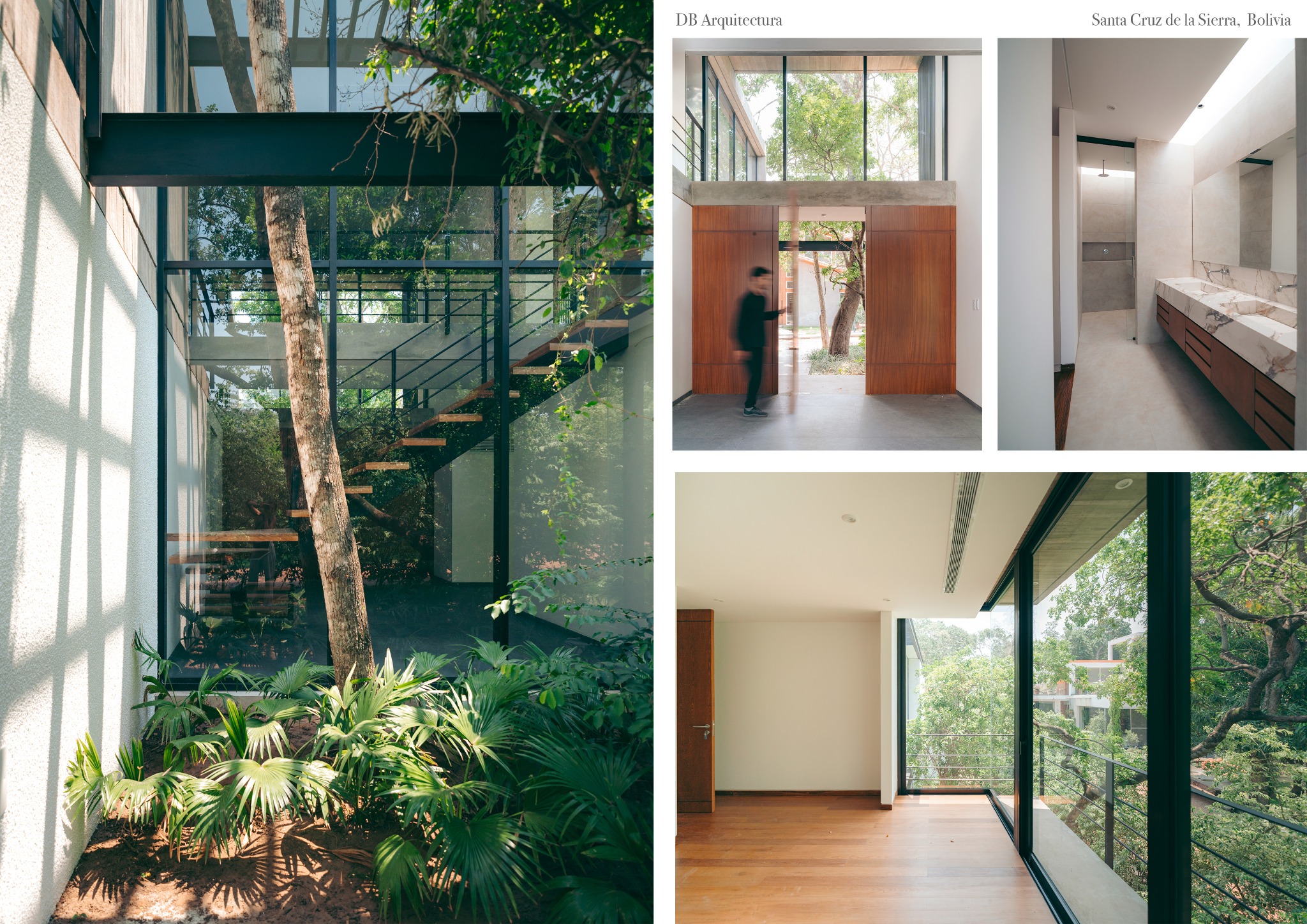 Nowoczesny dom z drzewem wewnątrz, schody z metalową balustradą, minimalistyczne wnętrze z dużymi oknami i widokiem na zieleń. Jasne, przestronne pomieszczenia.