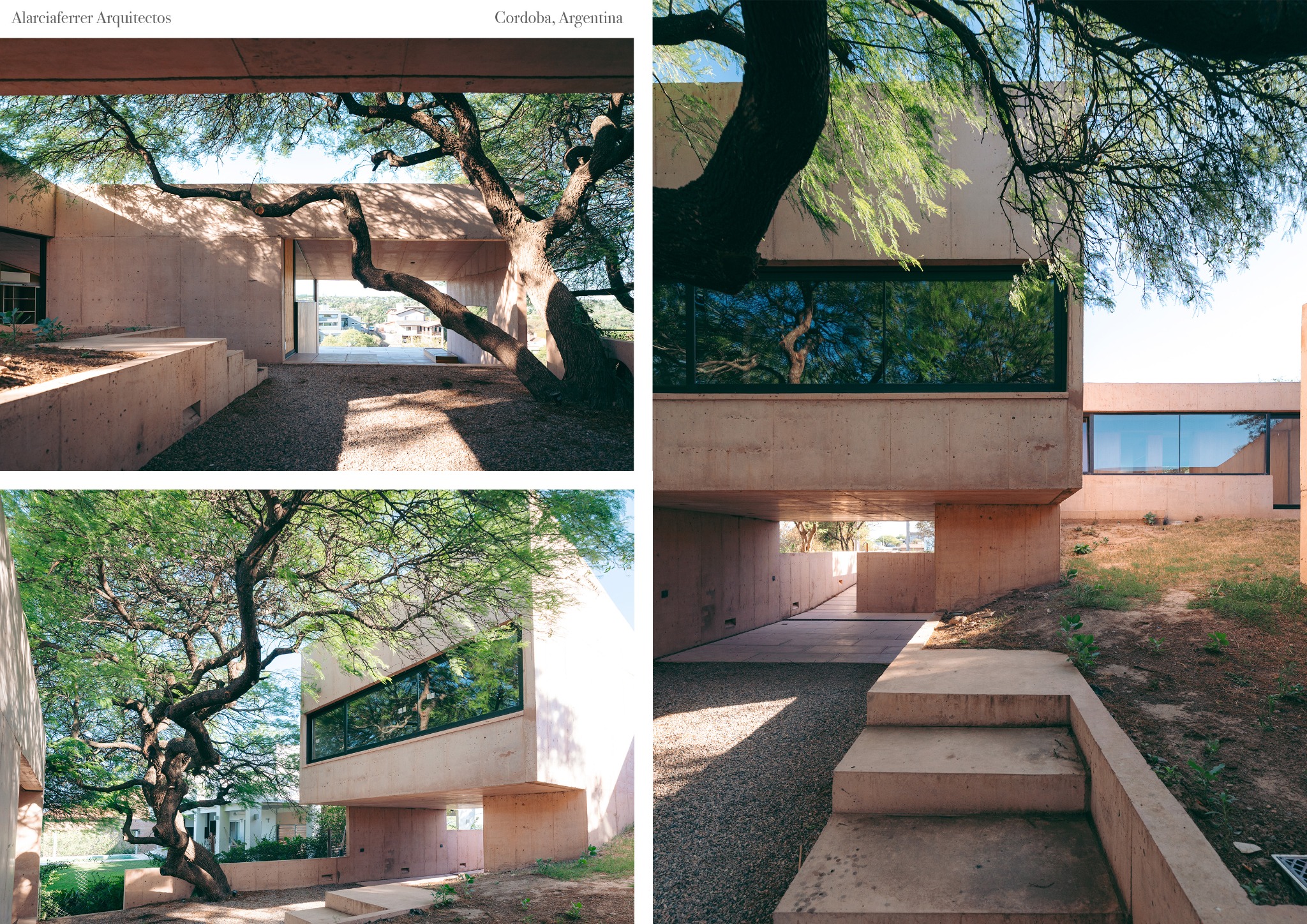 Minimalistyczna architektura budynku z betonu, z dużymi oknami odbijającymi zieleń drzew. Ujęcie z zewnątrz, podkreślające surowość materiału i harmonię z naturą.