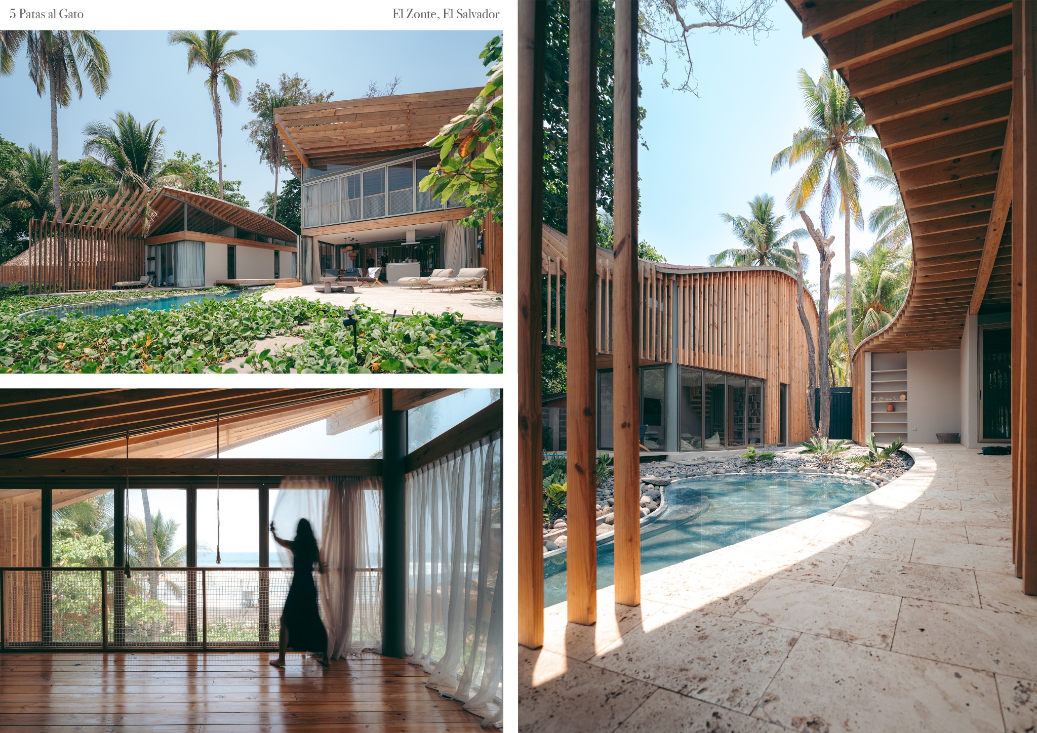 Nowoczesny dom z drewna i szkła w tropikalnym otoczeniu. Widok na basen, palmy i wnętrze z osobą przy oknie. Architektura z naturalnych materiałów, jasne wnętrza.